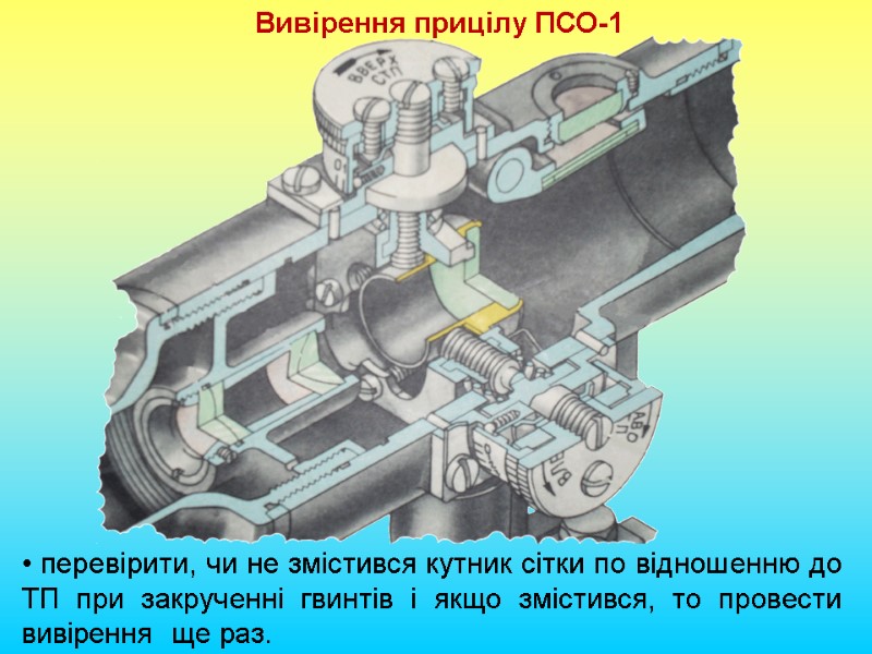 Вивірення прицілу ПСО-1 • перевірити, чи не змістився кутник сітки по відношенню до ТП